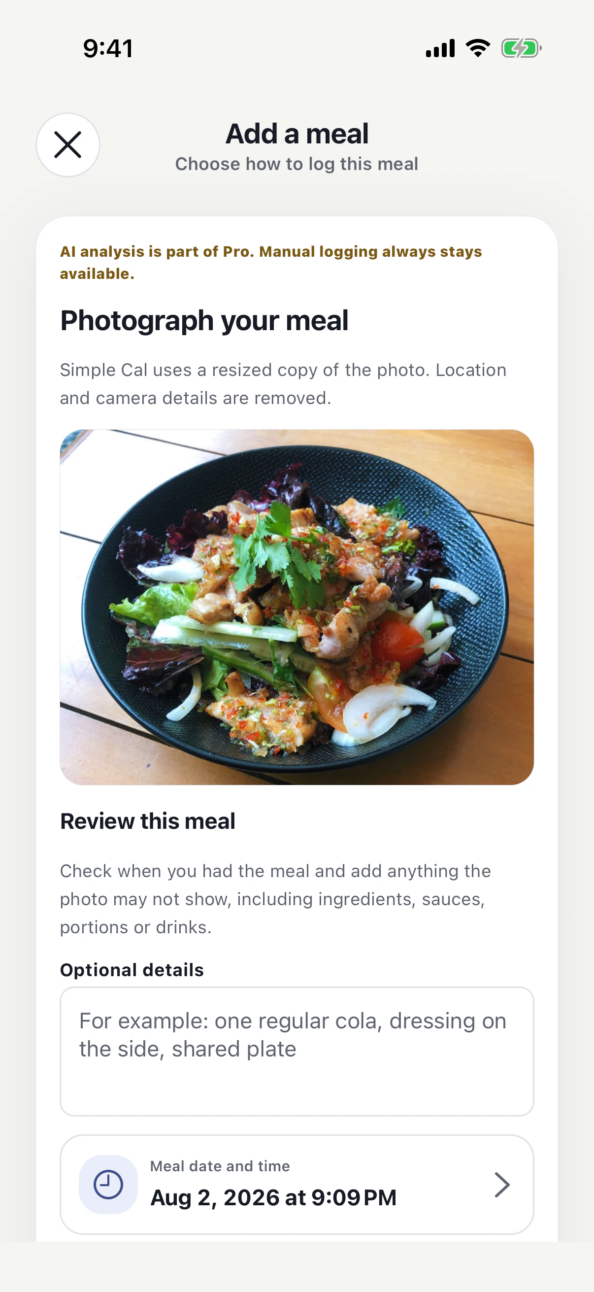 A meal photo ready for an editable calorie and nutrient estimate in Cross Calories