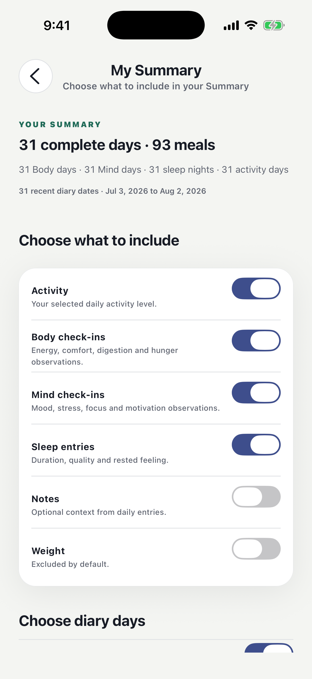 Cross Calories My Summary with user-selected diary sections