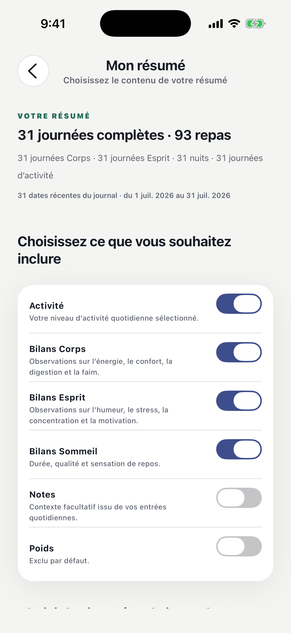 Mon Résumé dans Cross Calories avec les rubriques choisies par la personne