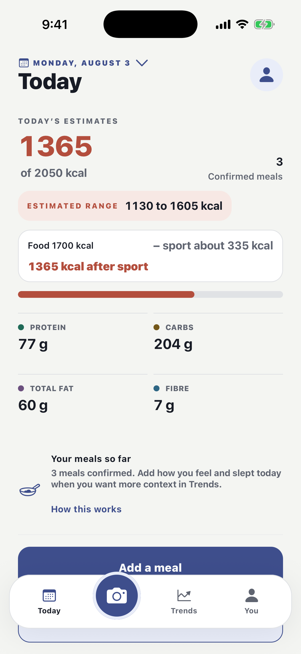 Cross Calories Today showing confirmed food calories, an optional sport estimate, and the after-sport count