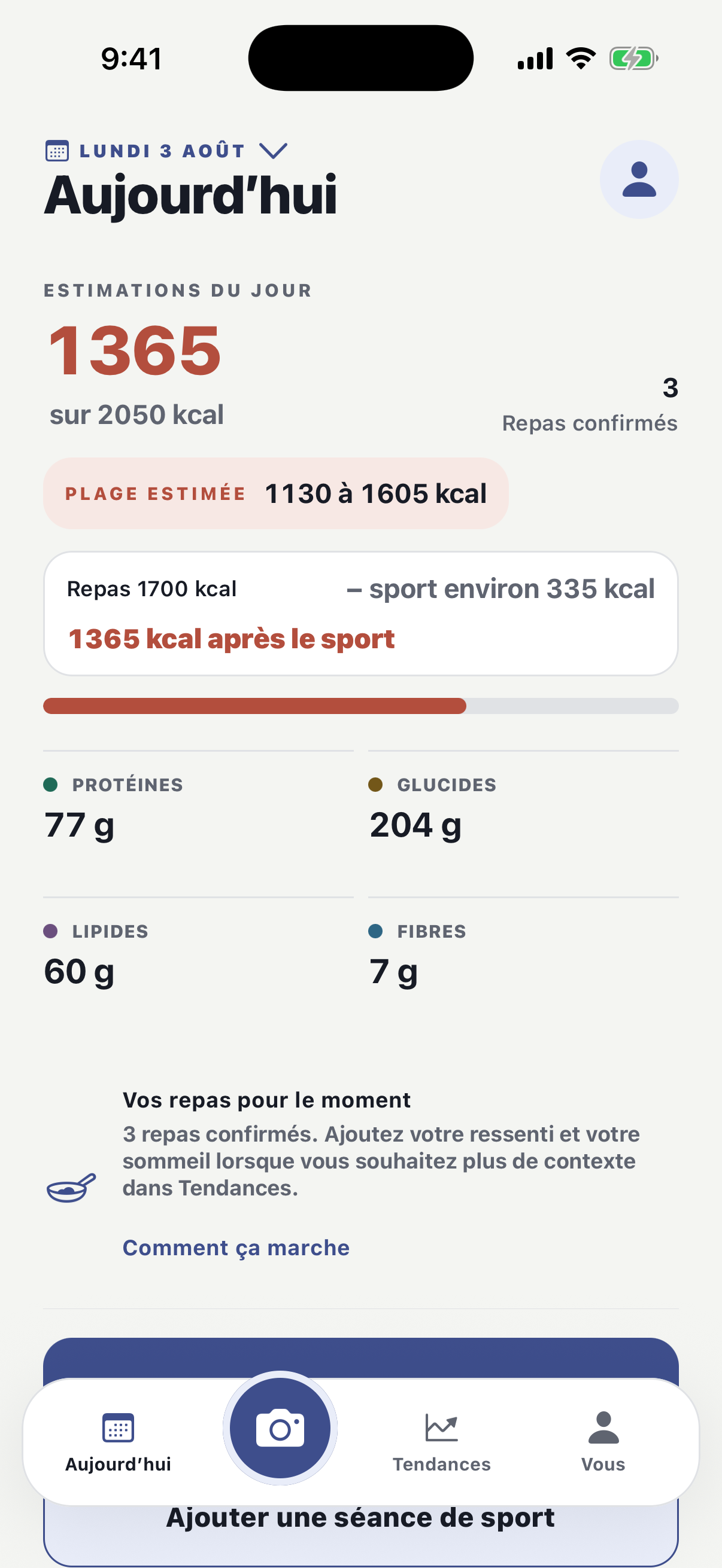 Aujourd’hui dans Cross Calories avec les calories des repas, une estimation sportive facultative et le total après sport